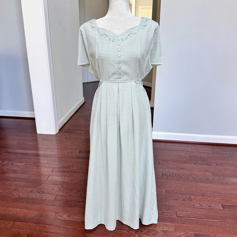 Erika Studio Sage Green Gingham Picnic Embroidered Floral Tie Back Maxi Dress